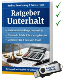 Buchcover „Ratgeber Unterhalt“ mit Waage, Taschenrechner und USB-Stick.