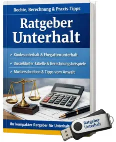 Buchcover „Ratgeber Unterhalt“ mit Waage, Taschenrechner und USB-Stick.